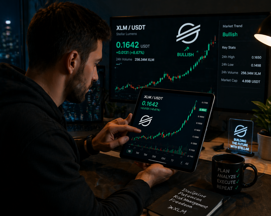 A trader analyzing a bullish XLM chart